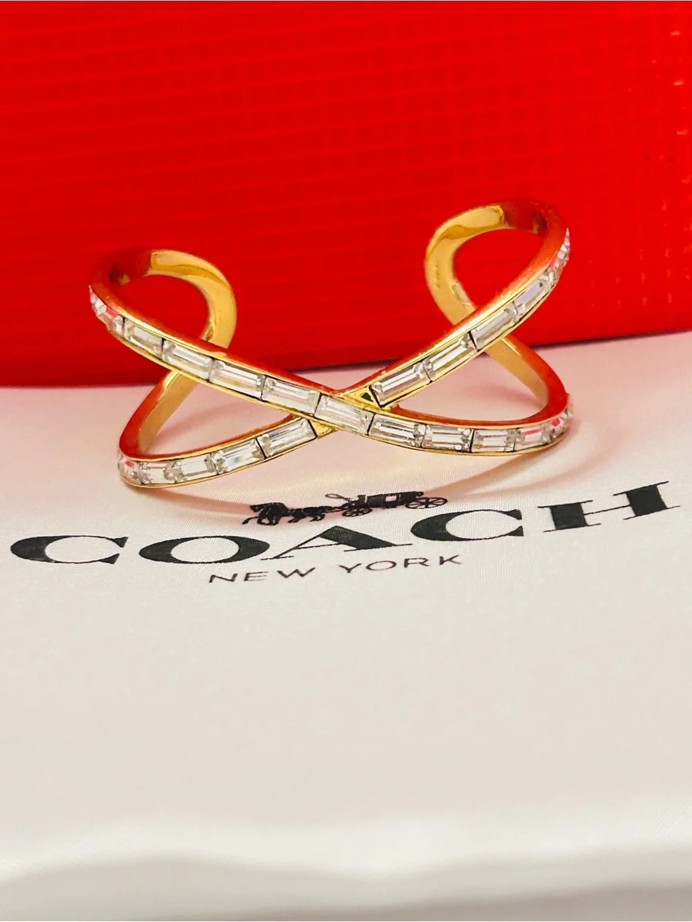 RARE Coach Gold Tone Crystal Crisscross Cuff Bracelet